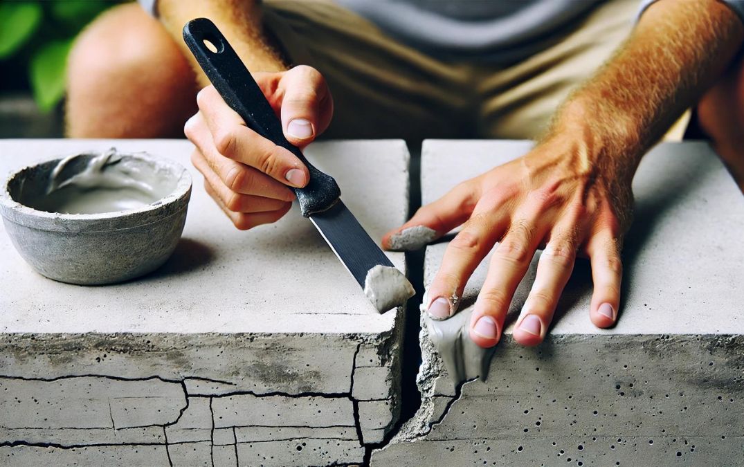 A man fixing a crack on a concrete table.