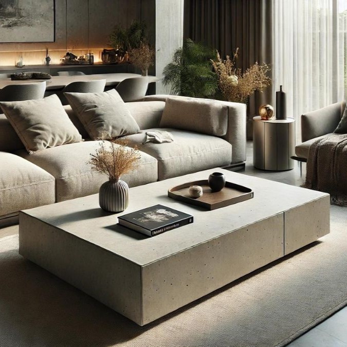 A waterproof concrete table in a living room.