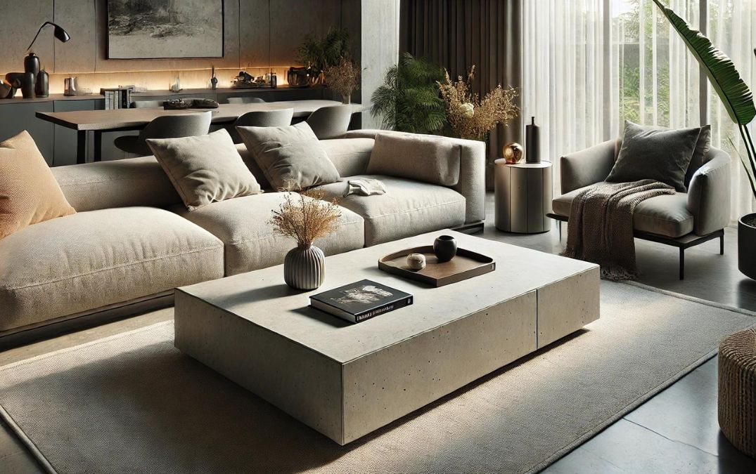 A waterproof concrete table in a living room.