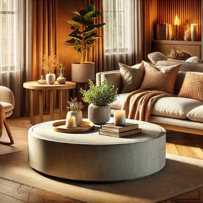 A circular coffee table made of waterproof concrete