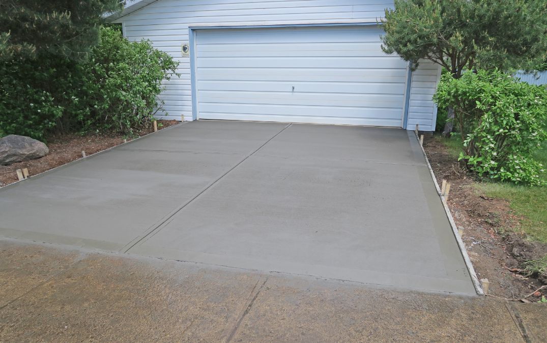 A wet concrete driveway which has been walked on.