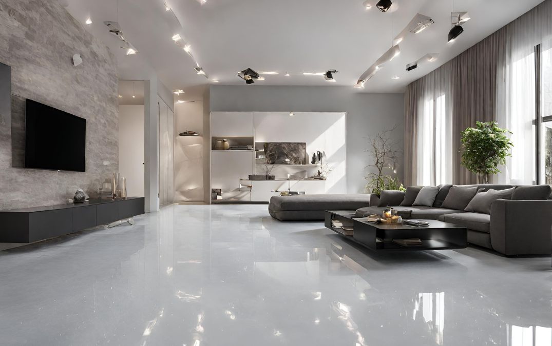 Epoxy concrete flooring coat in a living room for a home.