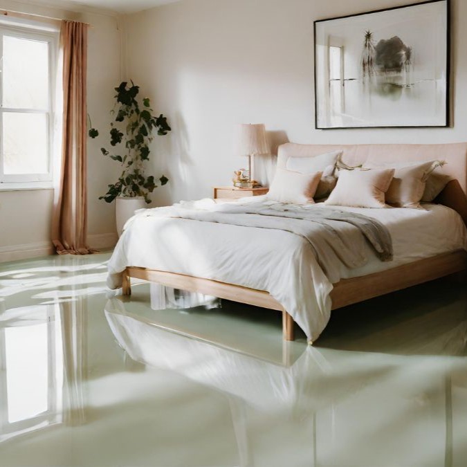 a bedroom with a light green epoxy resin floor
