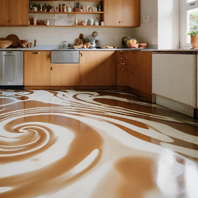 A kitchen with brown and white swirl effect epoxy resin flooring.
