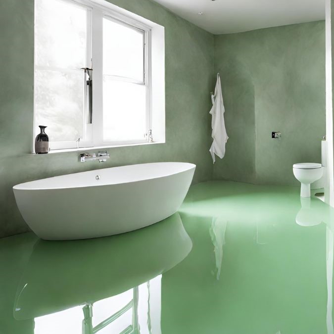 A plain green epoxy resin floor, a budget option.