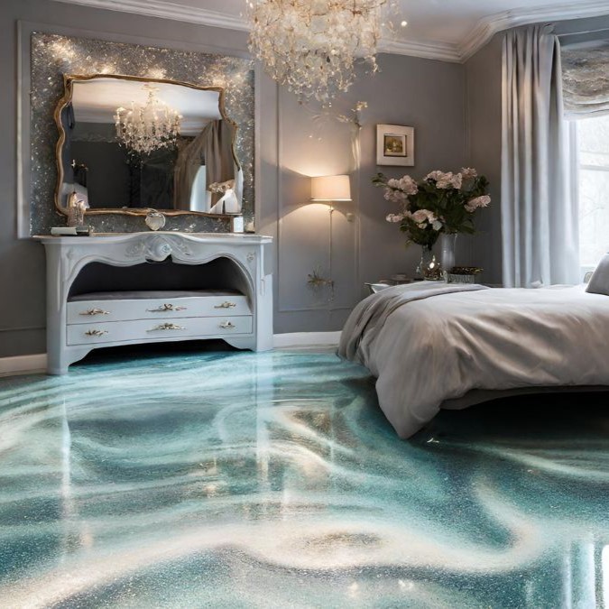 A more expensive epoxy resin floor which has swirls and glitter in it.