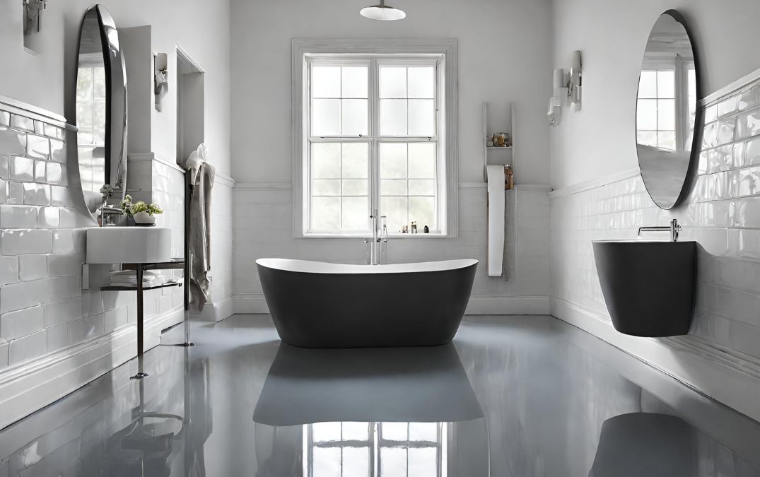 A grey epoxy resin floor for a bathroom which is slippery due to being wet