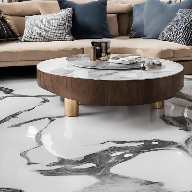 A living room with a repaired epoxy resin floor.