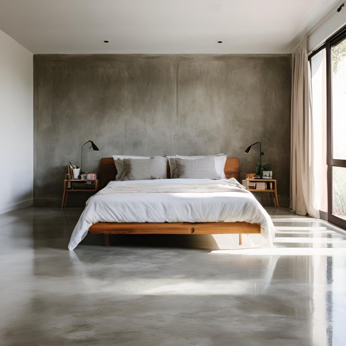 a concrete floor for a bedroom that has been polished to improve longevity