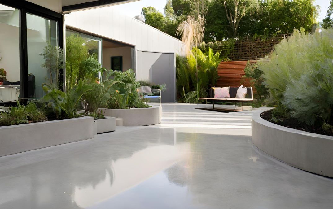 Non-slip polished concrete flooring outside in a garden.