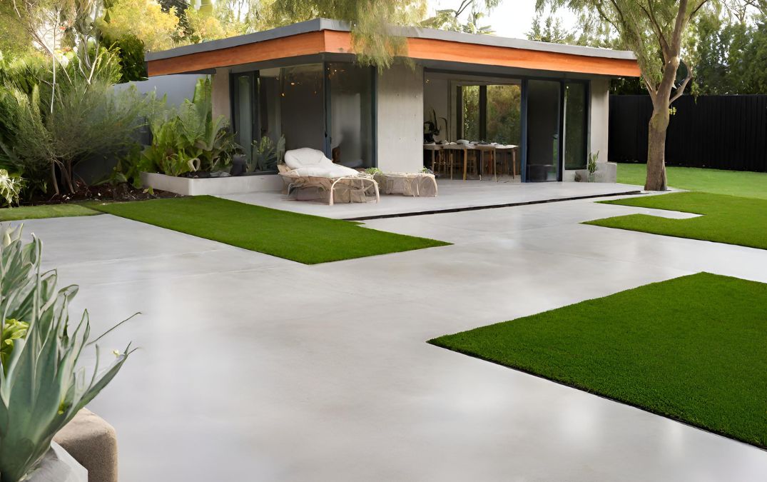 Polished concrete outside with a matte finish to it.