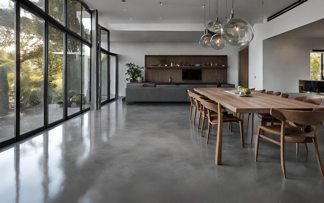 An insulated polished concrete floor for a kitchen.
