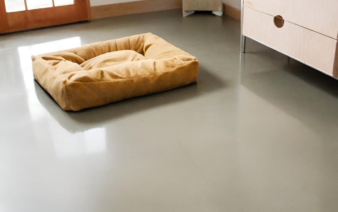 A satin textured polished concrete floor.
