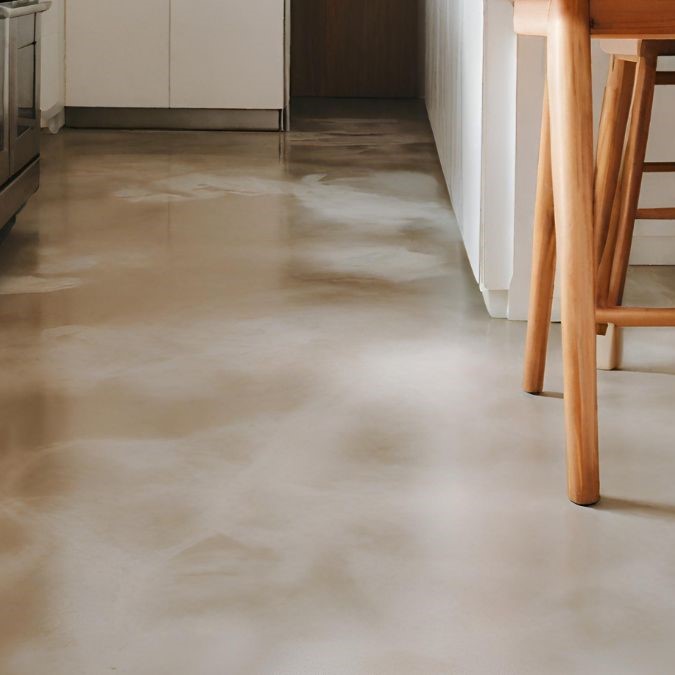 A concrete overlay on a kitchen floor