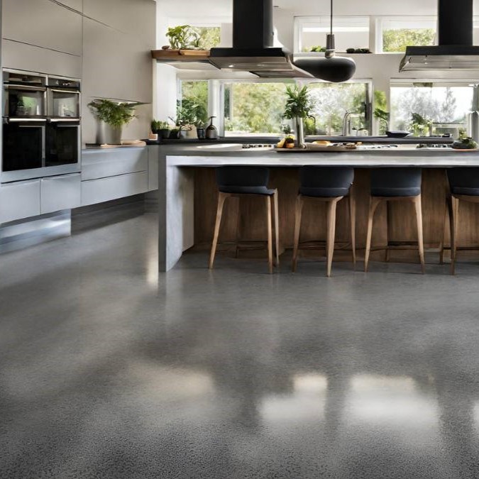 polished concrete floor in a kitchen, residential