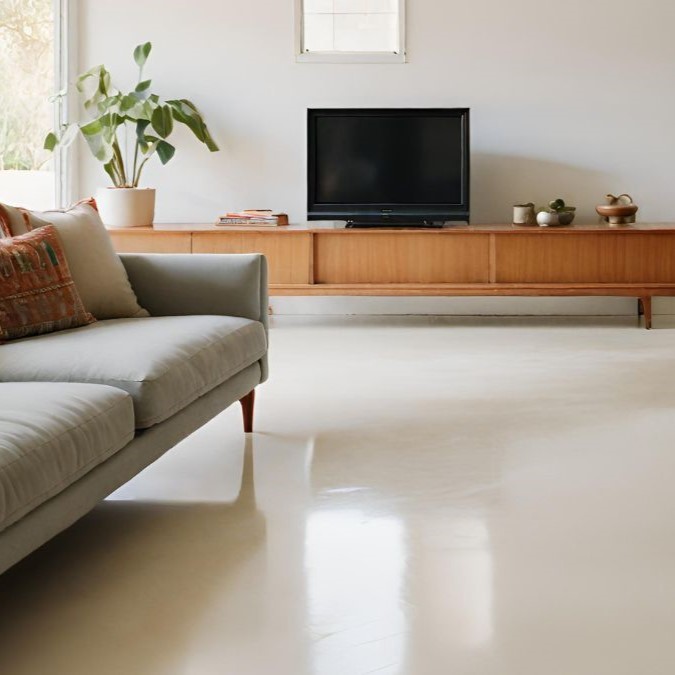 A stunning cream polished concrete floor for a living room in the UK