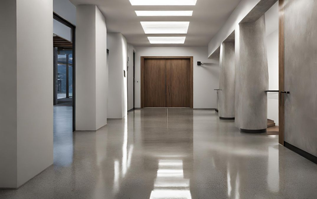 Polished concrete hallway floor for an office building.