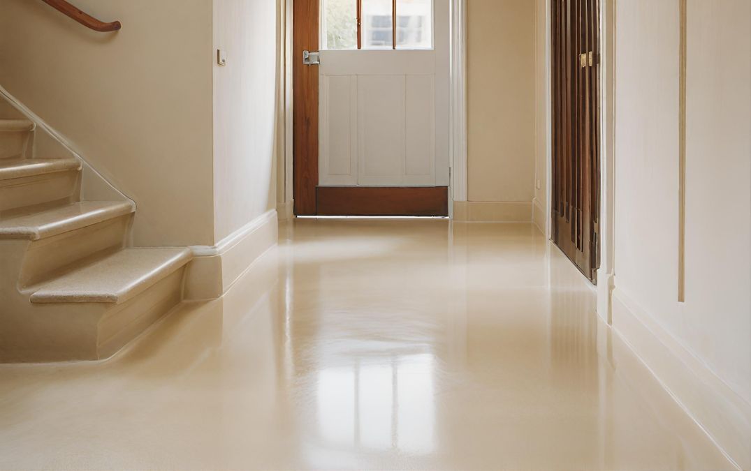 Polished concrete flooring in a hallway by a doorway.