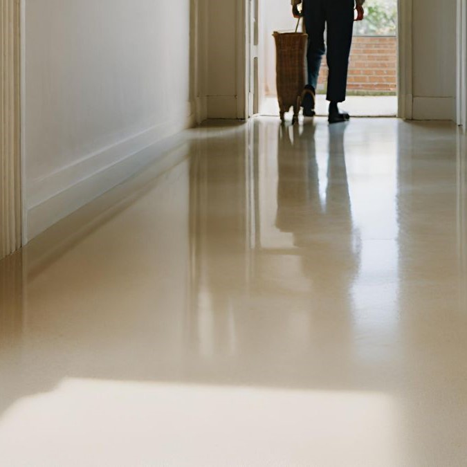 Polished concrete flooring for a landing inside a home.