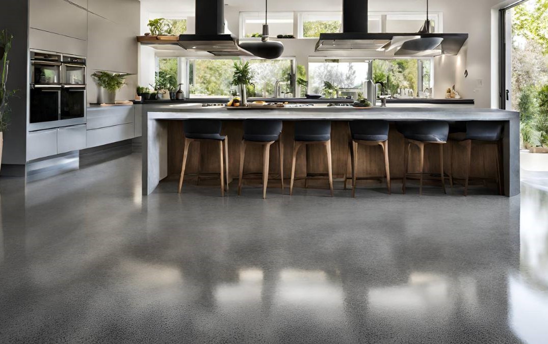 polished concrete flooring in a kitchen with a line of stools for seating.